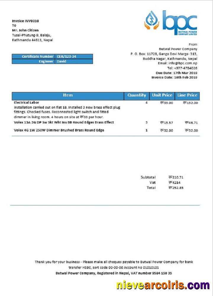 Nepal Butwal Power Company electricity utility bill